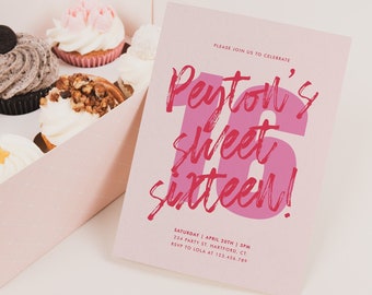May include: A light pink invitation card with the text Peyton's sweet sixteen! and event details, placed next to a box containing six assorted cupcakes with various toppings including a cookie, nuts, and a small yellow star decoration.