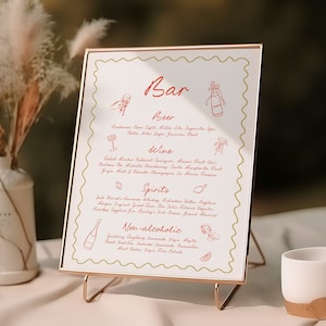 Moderne Hochzeit Bar Menükarte Vorlage, Handgeschriebene Hochzeit Getränkekarte, Handgezeichnetes Bar Schild, Wellenförmig, Hochzeitsdeko, Instant Download W11