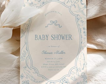 Blue Toile Baby Shower Invitation Template, Chinoiserie Baby Boy Invite, Dusty Blue Baby Shower, Editable Printable BB27