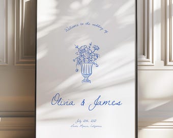 Modern Wedding Welcome Sign Template, Handwritten Welcome Sign Editable, Romantic Wedding, Hand Drawn Flowers, Unique, Instant Download W04