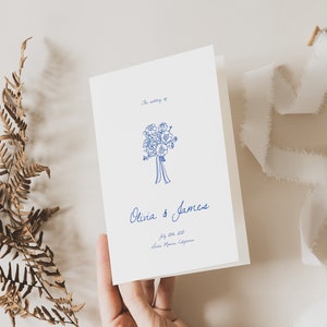 Hochzeitsprogramm Vorlage, Handgeschriebenes Hochzeitsprogramm, Hochzeitszeremonie, Handgezeichnete Blumen, Gefaltetes Programm, Romantisch, Wunderlich, W04