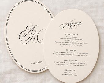 Oval Wedding Menu Template, Modern Vintage Menu, Retro Menu with Monogram, Wedding Reception, W21