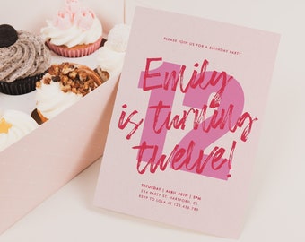 12th Birthday Invitation Template, Editable 12th Birthday Digital Invitation, 12 Birthday Invitation Girl, Pink, Modern, Instant Download