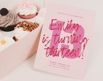 13th Birthday Invitation Template, Editable 13th Birthday Digital Invitation, 13 Birthday Invitation Girl, Pink, Modern, Instant Download