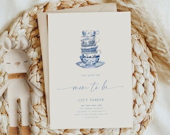 Tea Party Baby Shower Invitation Template, Baby Shower Tea Party Invitation, Tea With The Mom To Be, Blue Tea Cup, Instant Download BB16