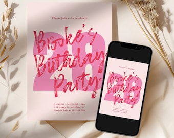 28th Birthday Invitation Template, Editable 28th Birthday Digital Invitation, Modern Invitation, 28th Birthday Party, Pink, Instant Download
