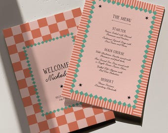 Retro Wedding Menu Template, Colorful Menu Card with Name, Guest Name Menu, Bold Whimsical Wedding, Vintage Inspired, Editable Printable W27