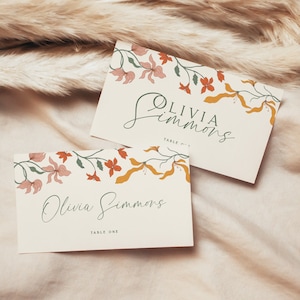 Plantilla de tarjeta de lugar con flores bohemias, tarjeta de nombre con flores bohemias, carpa de comida con flores editable, tarjeta elegante para lugar de despedida de soltera, descarga instantánea