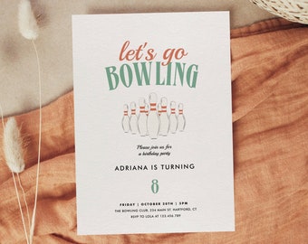 Plantilla de invitación de cumpleaños para jugar a los bolos, invitación editable para jugar a los bolos, plantilla de invitación para jugar a los bolos sobre ruedas, descarga instantánea.