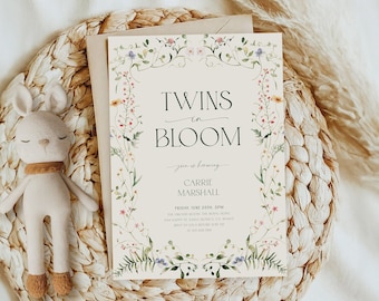 Twins Baby Shower Invitation Template, Twins Shower Invitation, Twin Babies, Wildflower Baby Shower Invite, Elegant, Instant Download BB13