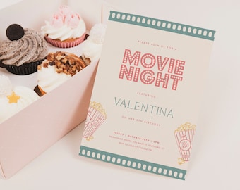 Movie Birthday Party Invitation, Editable Movie Night Invite, Movie Night Invitation Template, Instant Download