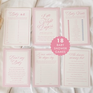 May include: A collection of six baby shower game cards with pink striped borders and elegant script. Games include "Baby A-Z," "Late Night Diapers," and "Baby Facts." A pink circle states "18 Baby Shower Games."