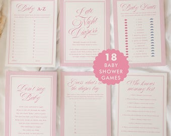 May include: A collection of six baby shower game cards with pink striped borders and elegant script. Games include "Baby A-Z," "Late Night Diapers," and "Baby Facts." A pink circle states "18 Baby Shower Games."