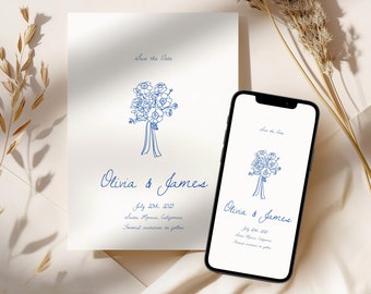 Plantilla moderna para guardar la fecha, Guardar la fecha escrito a mano, Guardar la fecha digital, Guardar la fecha electrónico, Flores dibujadas a mano, Caprichoso W04