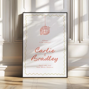 Disco Ball Welcome Sign Template, Handwritten Wedding Welcome Sign Editable, Hand Drawn Wavy Frame, Modern, Whimsical, Instant Download W11