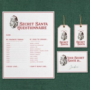 Afdrukbare vragenlijst Secret Santa-vragenlijst, Secret Santa-sjabloonkit, Secret Santa voor werk, direct downloaden