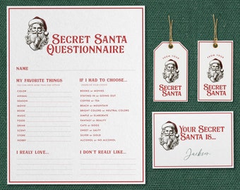 Könnte beinhalten: Ein druckbarer Secret Santa Fragebogen mit einer festlichen rot-weißen Illustration des Weihnachtsmanns. Der Fragebogen fragt nach Lieblingsdingen, darunter Farbe, Tier, Jahreszeit, Film, Buch, Musik, Essen, Getränk, Duft, Geschäft und Hobby. Er fragt auch nach Präferenzen zwischen Büchern oder Filmen, drinnen bleiben oder ausgehen, Kaffee oder Tee, Strand oder Berg, leuchtenden Farben oder neutralen Farben, einfach oder aufwendig, Fantasie oder Realität, Katzen oder Hunde, süß oder salzig, Silber oder Gold und Alkohol oder kein Alkohol. Der Fragebogen enthält auch Abschnitte für "Ich mag wirklich..." und "Ich mag nicht wirklich..."