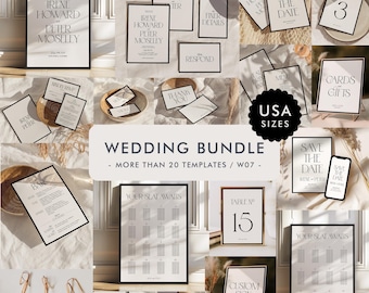 Retro Wedding Invitation Bundle Template, Black&White Wedding Bundle, Wedding Signage Bundle, Wedding Stationery Bundle, Bold, Elegant, W07