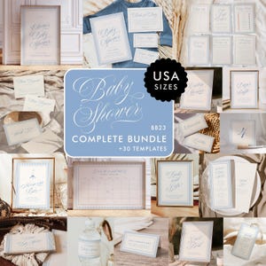 Puede incluir: Un paquete completo para baby shower con más de 30 plantillas. El diseño presenta una combinación de colores azul claro y blanco con letras elegantes. Incluye invitaciones, juegos y decoración, todo con un diseño cohesivo.