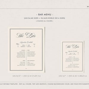 May include: A digital bar menu template set featuring two off-white rectangular signs with black borders and elegant serif typography. The text includes "The Bar" and "Signature Cocktails" with icons. Sizes listed are 21x29.7 cm and 14.85x21 cm.