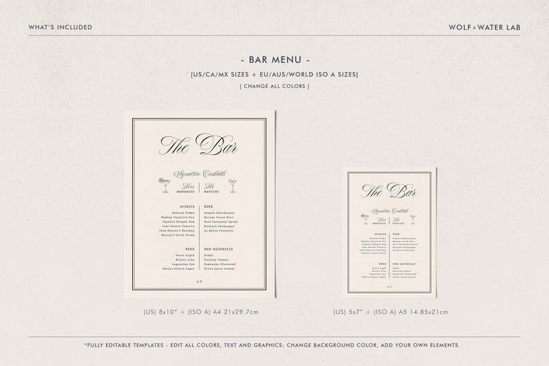 May include: A digital bar menu template set featuring two off-white rectangular signs with black borders and elegant serif typography. The text includes "The Bar" and "Signature Cocktails" with icons. Sizes listed are 21x29.7 cm and 14.85x21 cm.