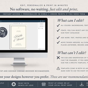 May include: A computer monitor displaying a digital invitation template editing interface. The screen shows a wedding invitation design with the names Amelia and Thomas. Text on the screen explains editing features, including colour, font, and layout customisation options.