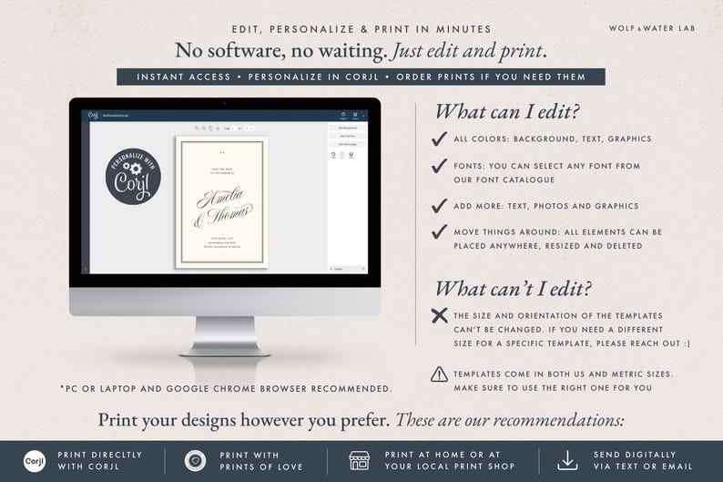 May include: A computer monitor displaying a digital invitation template editing interface. The screen shows a wedding invitation design with the names Amelia and Thomas. Text on the screen explains editing features, including colour, font, and layout customisation options.