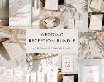 May include: A wedding reception bundle with over 15 templates. The templates are in a light beige color with a gold outline and red text. The templates include a menu, table numbers, seating chart, bar menu, thank you cards, and more.