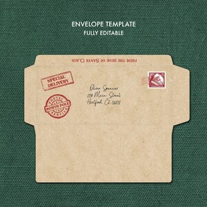 May include: A brown envelope template with a red "Special Delivery" stamp and a red "Postal North Pole Service" stamp. The envelope is addressed to "Oliver Spencer, 234 Main Street, Hartford, Ct 06103" and has a red Christmas stamp with a picture of Santa Claus in the upper right corner. The text "From the Desk of Santa Claus" is at the top of the envelope.