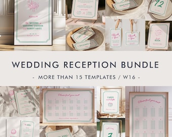 May include: A set of printable wedding reception templates with a green and pink color scheme. The templates include a welcome sign, seating chart, table numbers, thank you cards, a guest book sign, and more.