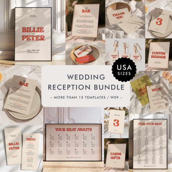 Modern Wedding Reception Bundle Templates, On The Day Wedding Bundle, Wedding Signage, Retro Wedding Day Bundle, Handwritten Wedding, W09
