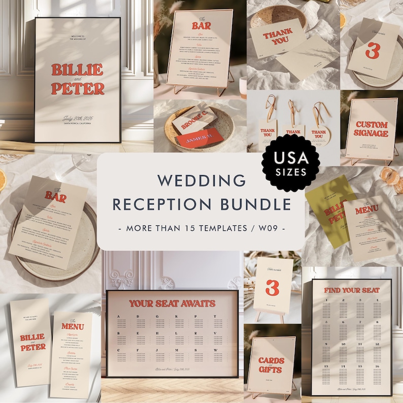 Modern Wedding Reception Bundle Templates, On The Day Wedding Bundle, Wedding Signage, Retro Wedding Day Bundle, Handwritten Wedding, W09 bild 1