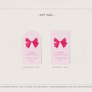 Coquette Pink Christmas Tag Template, Pink Christmas Gift Tag, Printable Christmas Tag, Editable Holiday Tag, Pink Bow, Instant DownloadCH01 image 5