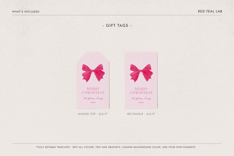 Coquette Pink Christmas Tag Template, Pink Christmas Gift Tag, Printable Christmas Tag, Editable Holiday Tag, Pink Bow, Instant DownloadCH01 image 5