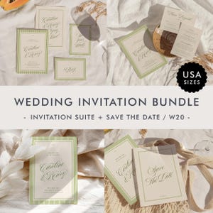 Puede incluir: Un conjunto de invitaciones de boda con tarjetas con una escritura elegante y un borde a rayas verdes. El texto incluye "Caroline & Henry", "Save The Date" y otros detalles. El conjunto está etiquetado como "USA SIZES".