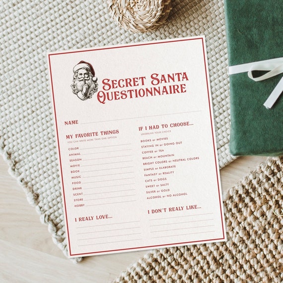 Secret Santa Questionnaire Printable, Secret Santa Form for Work, Secret Santa Template, Instant Download