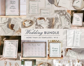 May include: A wedding invitation bundle with over 20 templates. The templates feature a minimalist design with a black and white colour scheme and green accents. The text includes the names Charlotte Redford and William Harrington, as well as the words "Wedding Bundle", "More Than 20 Templates / W15 -", "The Bar", "Our Favourite People", "Custom Signage", "Cards & Gifts", and "Kindly RSVP".