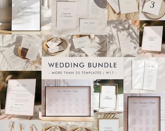 May include: A wedding invitation bundle with over 20 templates. The templates include a variety of designs, such as invitations, RSVP cards, thank you cards, seating charts, and more. The templates are all in a modern, minimalist style with a neutral color palette.