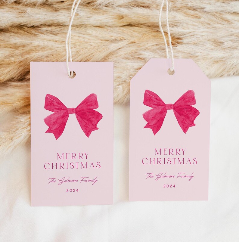 Coquette Pink Christmas Tag Template, Pink Christmas Gift Tag, Printable Christmas Tag, Editable Holiday Tag, Pink Bow, Instant DownloadCH01 image 3