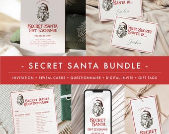 May include: A printable Secret Santa bundle includes a questionnaire, invitation, reveal cards, gift tags, and a digital invite. The design features a vintage illustration of Santa Claus with a red and white color scheme.