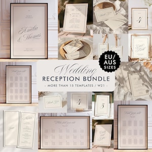 Peut inclure: Un ensemble de papeterie pour réception de mariage comprenant des modèles en papier crème avec du texte et des bordures noirs. La collection inclut un panneau d'accueil, des plans de table, des menus, des numéros de table et des cartes de placement.