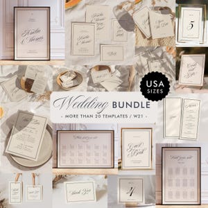 May include: A selection of wedding stationery templates in a neutral colour palette. Includes invitations, menus, table numbers, and signage. The text includes "Amelia & Thomas", "Guest Book", and "Thank You". The image also includes a "USA SIZES" badge.