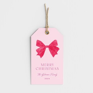 Coquette Pink Christmas Tag Template, Pink Christmas Gift Tag, Printable Christmas Tag, Editable Holiday Tag, Pink Bow, Instant DownloadCH01 image 4