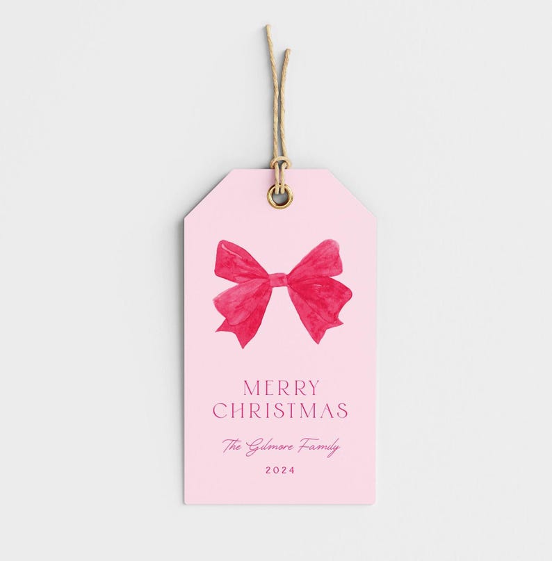 Coquette Pink Christmas Tag Template, Pink Christmas Gift Tag, Printable Christmas Tag, Editable Holiday Tag, Pink Bow, Instant DownloadCH01 image 4