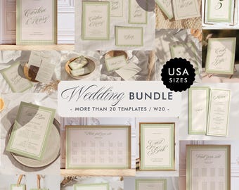 Retro Wedding Invitation Bundle Template, Modern Vintage Wedding Bundle, Wedding Signage Bundle, Wedding Stationery Bundle, Script Font, W20