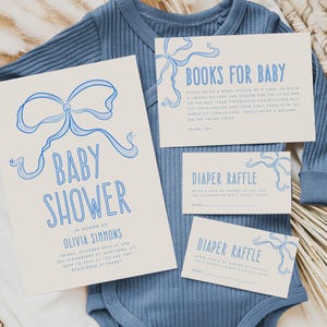 Blauer Bogen-Baby-Dusche-Einladungsset, Hand gezeichnete blaue Bogen-Einladungsvorlage, Bücher für Babykarte, Windel-Verlosungskarte, sofortiger Download BB08