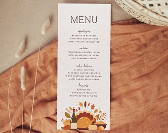 Modello di menu per la cena del Ringraziamento, menu del Ringraziamento modificabile, menu autunnale, download immediato