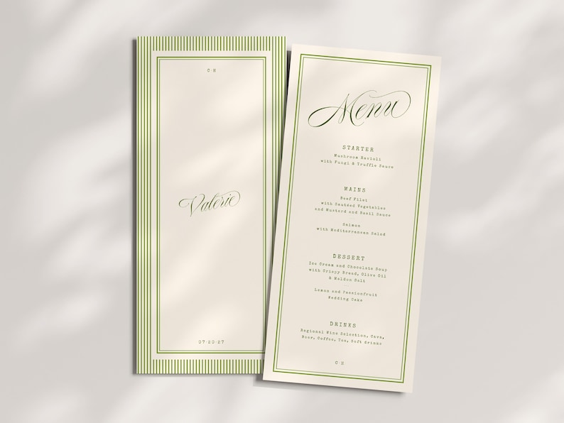 May include: Two cream-coloured menu cards with green borders. One card features the name "Valerie" in cursive, the other displays the word "Menu" in cursive. The menu lists starters, mains, desserts, and drinks.