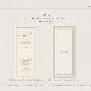 May include: A menu template with a cream background and green accents. The front of the menu features the word "Menu" in elegant script, with a list of menu items below. The back has the word "Jamie" in script. The menu is 10.16 x 22.86 cm.