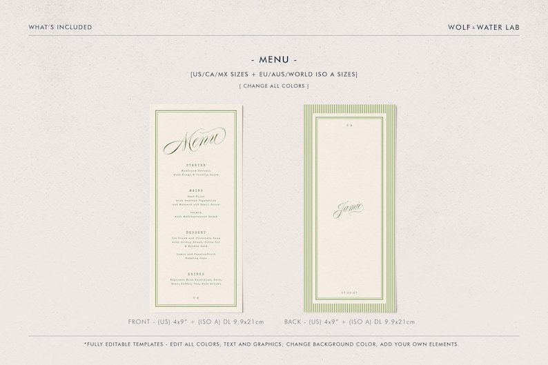May include: A menu template with a cream background and green accents. The front of the menu features the word "Menu" in elegant script, with a list of menu items below. The back has the word "Jamie" in script. The menu is 10.16 x 22.86 cm.